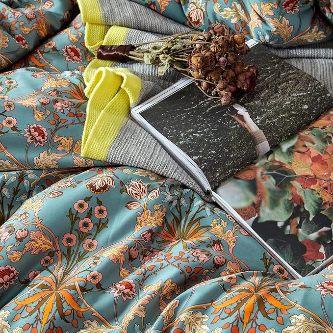 mixinni Vintage Style Garden Flower Duvet Cover Set with Zipper Closure Long Staple Percale Cotton Yellow Vibrant Pattern on Bedding Quilt Cover Set(California King, All Season)