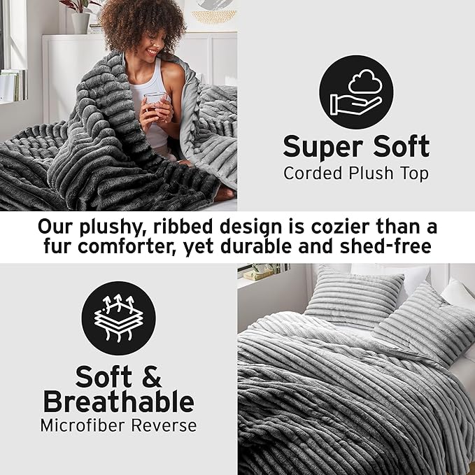 Intelligent Design Queen Comforter Set, Plush Bedding, Microfiber Reverse, 3 Piece, Lightweight, Super Soft Ribbed Velvet Comforter 2 Shams, All Season Fluffy Bed Set, Avril, Full/Queen Grey Ombre