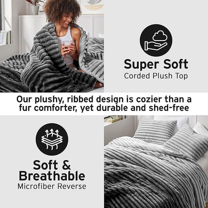 Intelligent Design Queen Comforter Set, Plush Bedding, Microfiber Reverse, 3 Piece, Lightweight, Super Soft Ribbed Velvet Comforter 2 Shams, All Season Fluffy Bed Set, Avril, Full/Queen Grey Ombre