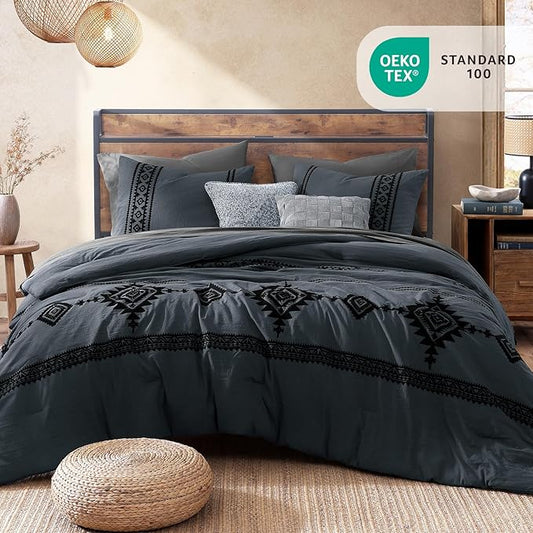 MaiRêve Embroidery King Size Comforter Set Blue Grey, Boho Farmhouse Western Bedding Set 7 Pieces, All Season Bed in A Bag Comforter Set with Sheets, Pillowcases & Shams