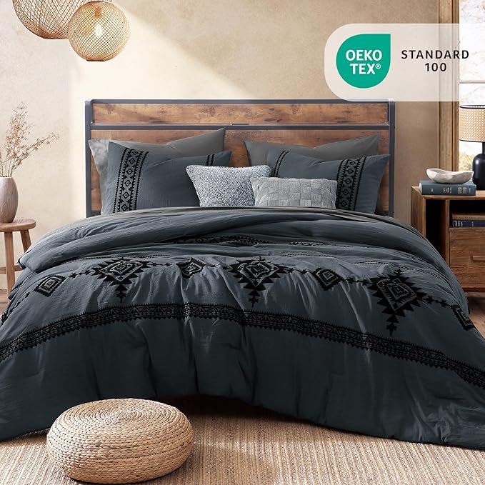 MaiRêve Embroidery Full Size Comforter Set Blue Grey, Farmhouse Western Boho Bedding Set 7 Pieces, All Season Bed in A Bag Comforter Set with Sheets, Pillowcases & Shams