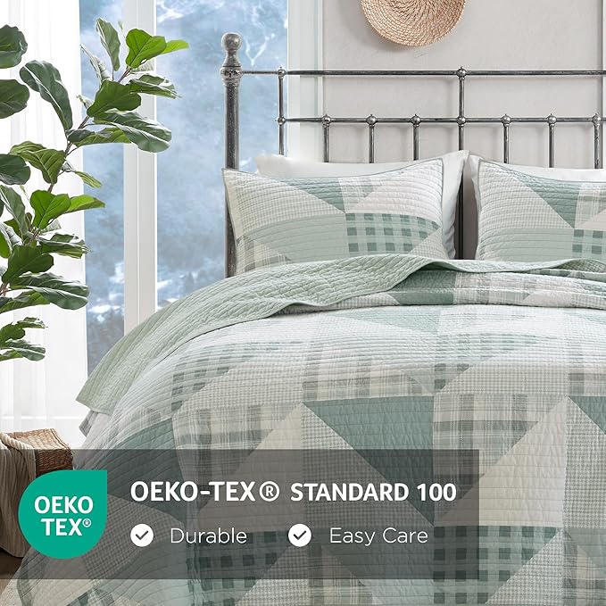 Woolrich Reversible Coverlet Set - Cottage Styling Reversed to Solid Color, All Season Lightweight Coverlet, Cozy Bedding Layer, Matching Shams, Oversized Full/Queen, Olsen Green | Reversible, Lightweight, All Season