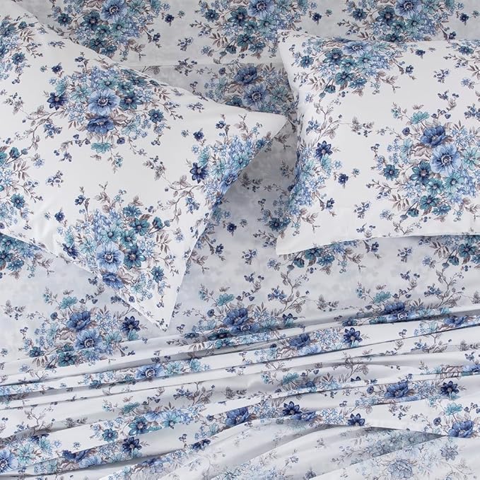 DAUAOTO Full Size Printed Sheets Set, 100% Cotton Bedding Sets, Up to 14" Deep Mattress, Floral Pattern Bedlinen Set, French Blue