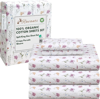 RUVANTI 100% Organic Cotton Sheets Split King, Percale Weave, GOTS Certified, 5-Piece Set, Deep Pocket 15", Crisp & Breathable, Soft Durable Bedding, Sábanas Algodón Orgánico – Obsessed Stems