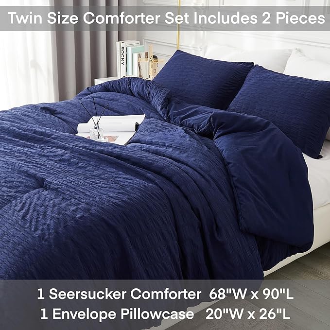 AveLom Navy Blue Seersucker Twin/Twin XL Comforter Set (68x90 inches), 2 Pieces-100% Soft Microfiber Lightweight Comforter with 1 Pillowcase, All Season Down Alternative Comforter Set for Bedding