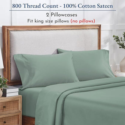 California Design Den King Size Pillow Cases Set of 2 - Luxuriously Soft and Thick 800 Thread Count, Smooth Sateen, Natural 100% Cotton Pillow Cases King, Durable - Sage Green