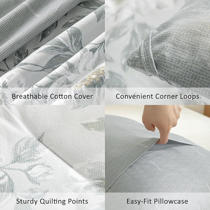 Floral Cotton Comforter King Size - Light Grey Comforter Printed with Vintage Ivory Flowers & Dark Yellow Stamens,Reversible Lightweight Bedding Sets 3Pcs(104"×90")