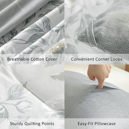 Floral Cotton Comforter King Size - Light Grey Comforter Printed with Vintage Ivory Flowers & Dark Yellow Stamens,Reversible Lightweight Bedding Sets 3Pcs(104"×90")