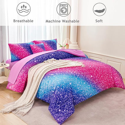 RYNGHIPY Rainbow Bed in A Bag Twin Size Girly Pink Purple Blue Gradient Galaxy Print Comforter Set with Sheets Pillowcases