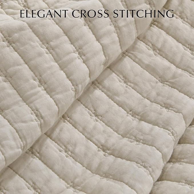 EVERGRACE Cross Stitch Pre-Washed Cotton Quilt Bedding Set King Size, Oversized 3 Pieces Lightweight Bedspread Coverlet for All Season, with 2 Matching Shams, Flax Beige,108"x96"