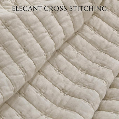 EVERGRACE Cross Stitch Pre-Washed Cotton Quilt Bedding Set King Size, Oversized 3 Pieces Lightweight Bedspread Coverlet for All Season, with 2 Matching Shams, Flax Beige,108"x96"