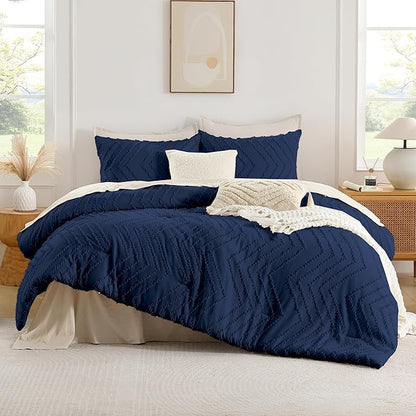 Andency Navy Blue Comforter Set Queen Size, Boho Soft Warm Tufted Bedding Comforter Sets for Queen Size Bed, 3 Pieces Aesthetic Chevron Farmhouse Cute Bohemian Textured Bed Set