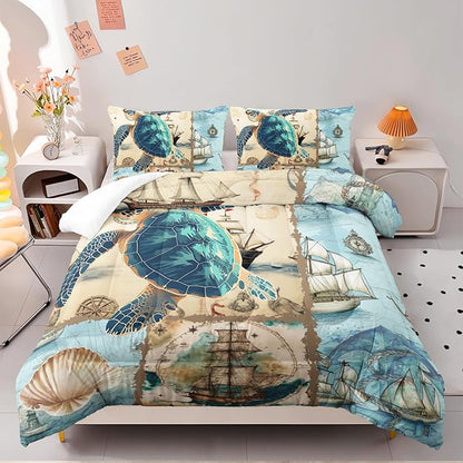 Sea Turtle Comforter Set Queen Navigation Theme Bedding Sets 3PCS for Kids Teen Adult Sailboats Room Decor Ultra-Soft Lightweight Microfiber 1 Comforter with 2 Pillowcases