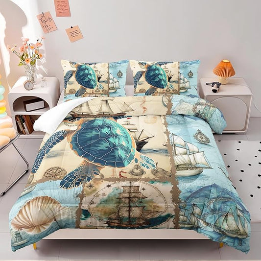 Sea Turtle Comforter Set Queen Navigation Theme Bedding Sets 3PCS for Kids Teen Adult Sailboats Room Decor Ultra-Soft Lightweight Microfiber 1 Comforter with 2 Pillowcases