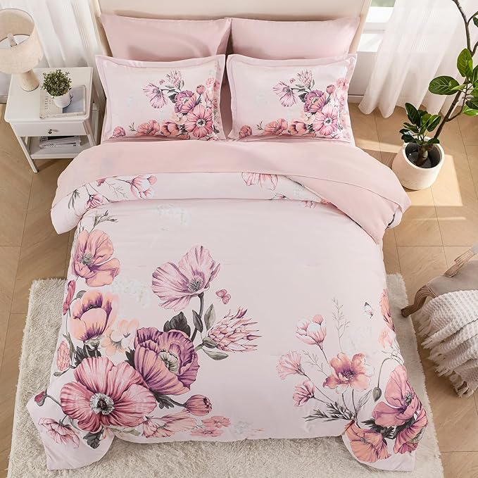 King Size Comforter Set - 7 Pieces Floral Comforter and Sheet Set, Pink King Size Bed in a Bag, Soft Microfiber Flower Complete Bedding Set for All Seasons（Pink,104"x90"）