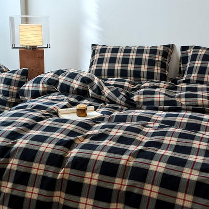 EAVD Vintage Black Plaid Gingham Comforter Set Twin XL Soft 100% Washed Cotton Black&Green&Red Grid Checkered Bedding Set with 2 Pillowcases Farmhouse Retro Plaid Comforter Set for All-Season