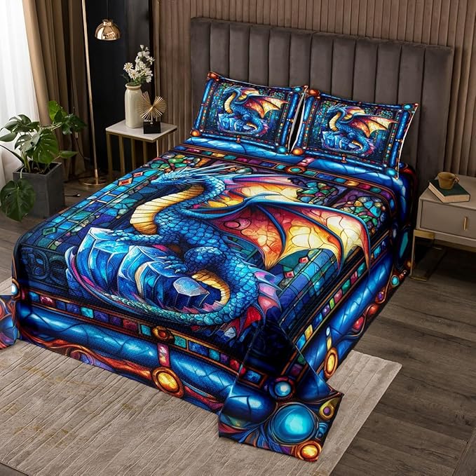 Western Dragon Men Bedspread Twin Size,Blue Flying Glass Dragon Wing Trippy Coverlet Set,Boys Girls Room Decor,Geometric Patchwork Abstract Quilted Coverlet,Gothic Chic Bedding Quilt,1 Pillowcase