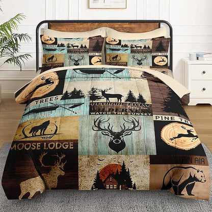 5 Pcs Twin Size Comforter Set with Pillowcase & Sham, Deer Pine Animal Bear Bedding for Kids and Adults, Hunting Wolf Tree Woodboard Bed in a Bag with Flat, Fitted Sheet