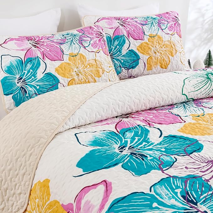 DJY Romantic Pink Teal Quilt Set Queen Size, 3 Pieces Colourful Floral Bedspread Set Bohemia Reversible Bedding Set Microfiber Lightweight Bedspread Coverlet Set for All Season 90"x96"