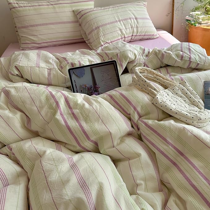 EAVD Vintage Striped Comforter Set Full Soft Cotton Retro Purple&Green Vertical Striped Bedding Set with 2 Pillowcases Boho Geometric Pattern Comforter Set for All-Season Breathable Lightweight