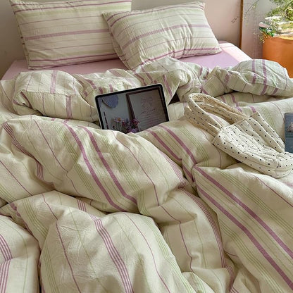 EAVD Vintage Striped Comforter Set Full Soft Cotton Retro Purple&Green Vertical Striped Bedding Set with 2 Pillowcases Boho Geometric Pattern Comforter Set for All-Season Breathable Lightweight