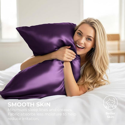 Pure Bedding Satin Pillowcase - Silky Pillow Cases for Hair and Skin - Satin Pillow Covers with Envelope Closure - Extra Soft Premium Microfiber - Pack of 2 - Queen Size (20"x30", Purple)