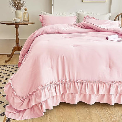 AIKASY Peach Pink Ruffle Comforter Twin, 3 Pieces Vintage Ruffle Fringe Comforter, Farmhouse Rustic Microfiber Down Alternative Bedding Comforter Set (1 Comforter + 2 Pillow Shams)