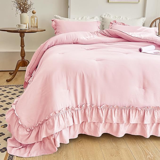 AIKASY Peach Pink Ruffle Comforter King, 3 Pieces Vintage Ruffle Fringe Comforter, Farmhouse Rustic Microfiber Down Alternative Bedding Comforter Set (1 Comforter + 2 Pillow Shams)