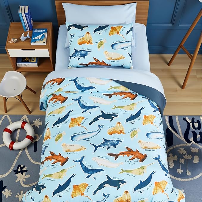 Twin Comforter Set for Boys Kids - 5 Pieces Glow in The Dark Ocean Animals Twin Bedding Sets for Kids, Ultra Soft Bed in A Bag with Sheets
