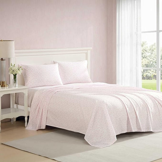 Laura Ashley - King Sheet Set, Crisp & Cool Cotton Percale Bedding with Deep Pockets, Lightweight for Year Round Comfort, Bed Sheets with Matching Pillowcases (Floral Toile Pink)