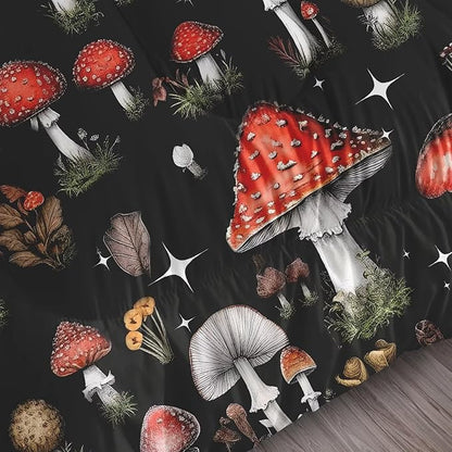 Mushroom Bedding Set King Size Black Burgundy Plant Comforter for Girls Boys Women Bedroom Decor Vintage Woodland Quilt Bed Sets, 1 Comforter 2 Pillowcases