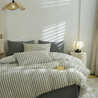 EAVD Grey Striped Duvet Cover Full Soft Washed Cotton White Grey Striped Bedding Set with 2 Pillowcases Modern Farmhouse Geometric Duvet Cover with Zipper Closure