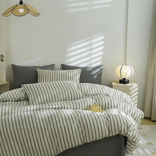 EAVD Grey Striped Duvet Cover Twin Soft Washed Cotton White Grey Striped Bedding Set with 2 Pillowcases Modern Farmhouse Geometric Duvet Cover with Zipper Closure