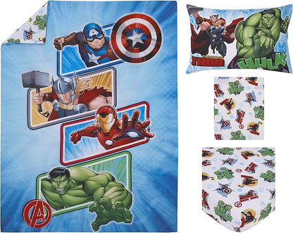 NoJo Marvel The Avengers I Am A Hero Blue, Green, Red, and Yellow 4 Piece Toddler Bed Set - Comforter, Fitted Bottom Sheet, Flat Top Sheet, and Reversible Pillowcase