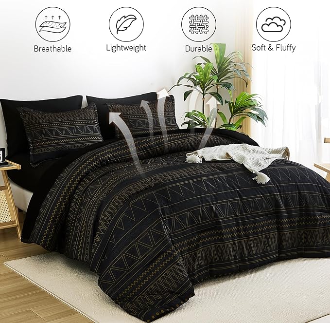 WONGS BEDDING Queen Comforter Set 7 Pieces, Boho Black Gold Geometric Striped Comforter for Queen Bed in a Bag, Soft Microfiber Bedding Set with Pillowcases, Flat Sheet, Fitted Sheet, Pillow Shams