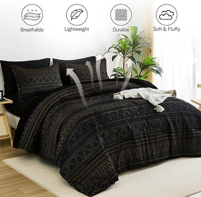 WONGS BEDDING King Size Comforter Set 7 Pieces, Boho Black Gold Geometric Striped Comforter for King Bed in a Bag, Soft Microfiber Bedding Set with Pillowcases, Flat Sheet, Fitted Sheet, Pillow Shams