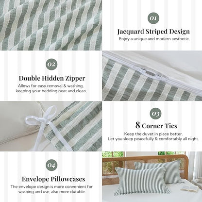 MILDLY Jacquard Stripe Duvet Cover - 100% Washed Cotton Sage Green Textured Spring Comforter Cover 2pcs with Zipper Closure 68"x90"
