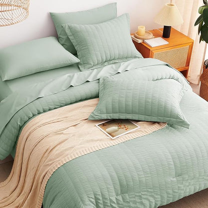 CozyLux King Size Comforter Set Sage Green Seersucker 7 Pieces Bed in a Bag King Comforter Set with Sheets, Luxury Bedding Sets with Down Alternative Comforter, Sheets, Pillowcases & Shams All Seasons