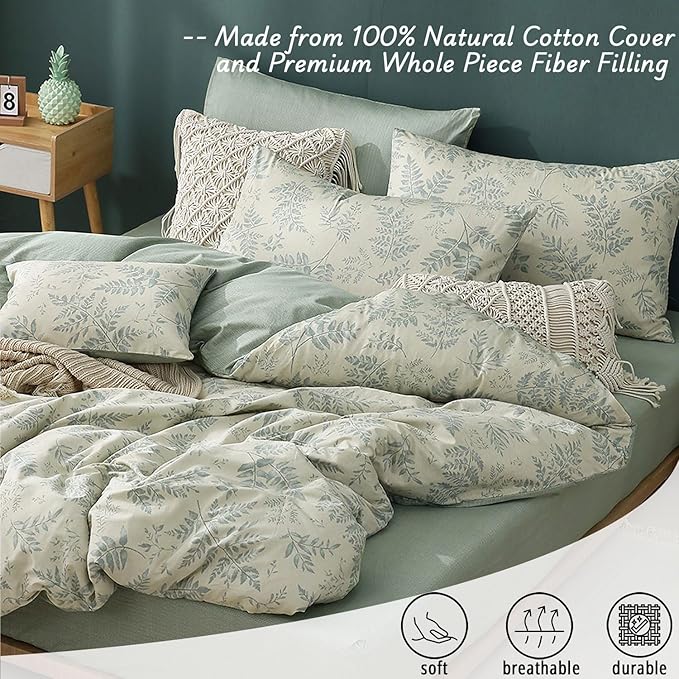 Botanical Cotton Comforter Queen Size - Dusty Green Comforter Printed with Luxurious Greyish-Green Ferns on Beige,Reversible Lightweight Bedding Sets 3Pcs(90"×90")