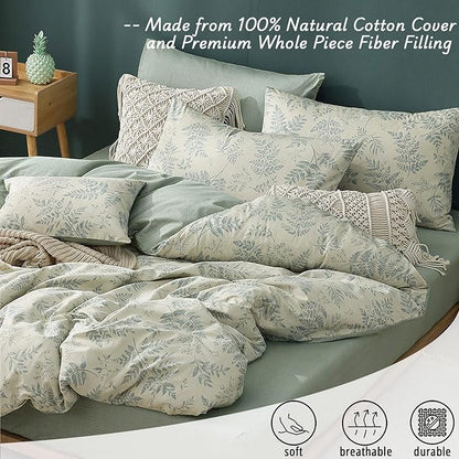 Botanical Cotton Comforter Queen Size - Dusty Green Comforter Printed with Luxurious Greyish-Green Ferns on Beige,Reversible Lightweight Bedding Sets 3Pcs(90"×90")