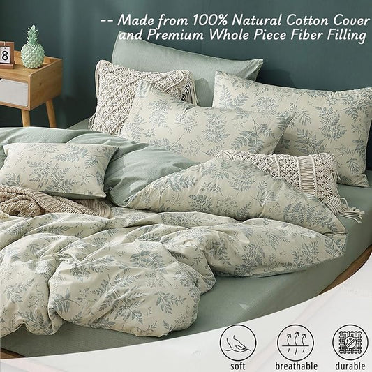 Botanical Cotton Comforter Queen Size - Dusty Green Comforter Printed with Luxurious Greyish-Green Ferns on Beige,Reversible Lightweight Bedding Sets 3Pcs(90"×90")