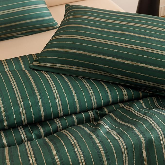 CLOTHKNOW Striped Queen Comforter Set Green Bedding Comforter Sets Farmhouse Ticking Comforter Queen Hunter Green Comforter Soft Boho