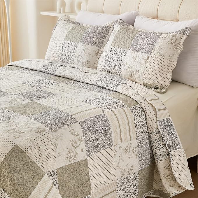 Cmfshape Summer Floral Queen Quilt Set,Grey Patchwork Quilts Queen,Reversible Quilted Bedspread with 2 Shams, Vintage Farmhouse Coverlet(Grey, Queen90 x90)