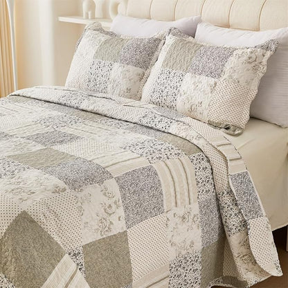 Cmfshape Summer Floral Queen Quilt Set,Grey Patchwork Quilts Queen,Reversible Quilted Bedspread with 2 Shams, Vintage Farmhouse Coverlet(Grey, Queen90 x90)
