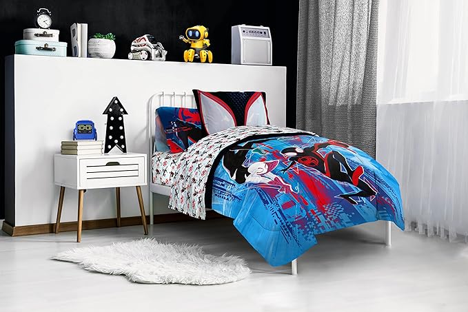 Marvel Spiderman Across The Spider-Verse Glitch 5 Piece Twin Size Bed Set - Includes Comforter & Sheet Set Bedding - Super Soft Fade Resistant Microfiber (Official Product)