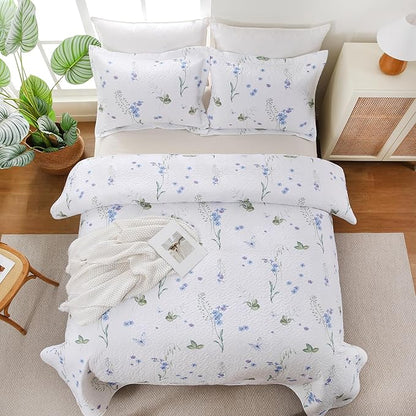 Queen Size Quilt Bedding Set, Lightweight White Floral Bed Quilts Reversible Elegant Bedspread Comforter Coverlets Sets with 2 Pillow Shams (90"×90")