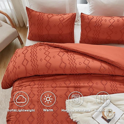 Andency Terracotta Tufted Comforter Set Twin(66x90Inch), 2 Pieces(1 Boho Comforter, 1 Pillowcase) Textured Farmhouse Bed Set, Soft Microfiber Down Alternative Geometric Fall Bedding