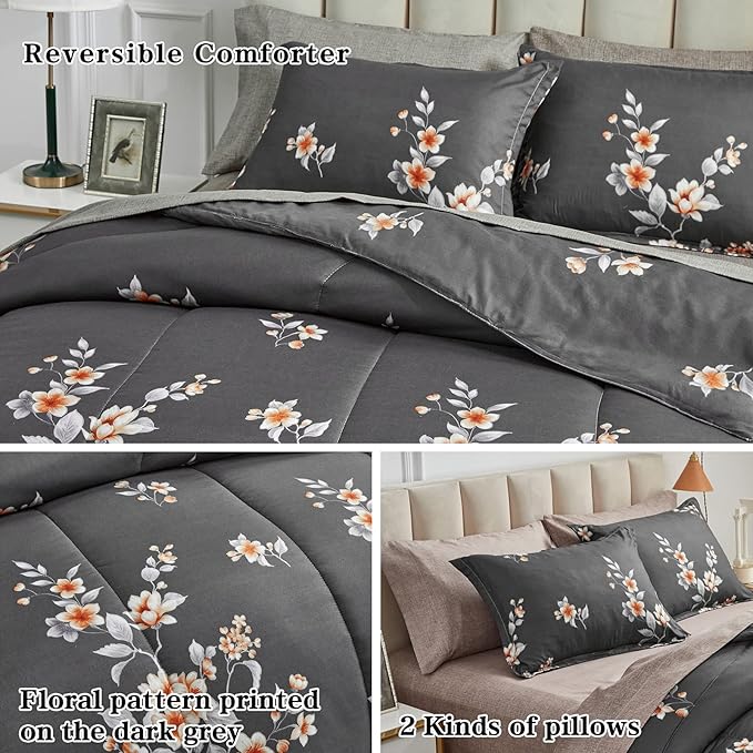 7 Pieces Bed in a Bag Queen Comforter Set with Sheets, Dark Grey Floral Design, Soft Microfiber Bedding Sets for All Season (1 Comforter, 2 Pillow Shams, 1 Flat Sheet, 1 Fitted Sheet, 2 Pillowcases)