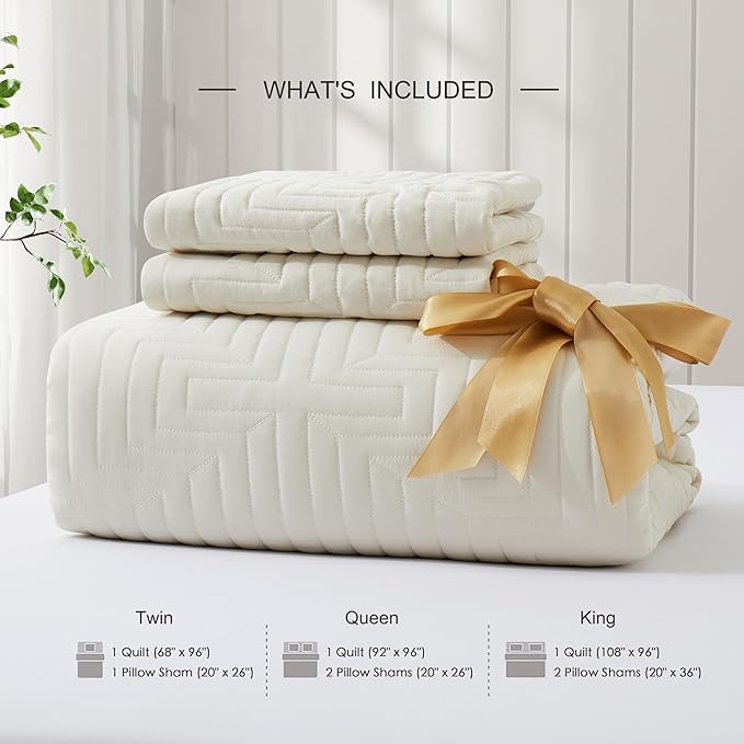 Oli Anderson Queen Quilt Set, Beige Lightweight Soft Bedspread Coverlet, Basket Weave Pattern Bedding, 3PCS Modern Geometric Stitching Textured Comforter Sets (1 Quilt and 2 Pillow Shams)