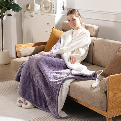 Electric Blanket Queen 84"x90" Heated Blanket Queen Size Dual Control Wheat Pattern Ultra-soft Flannel & Thick Sherpa with 5 Heat Settings & 10H Auto Off, FCC/ETL Certified, Machine Washable, Lavender